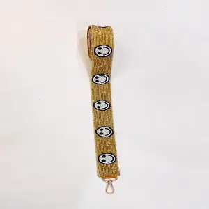 Obsessed with Smiley Face Purse Straps Smiley Beaded Golden Bag Straps Cross Body Shoulder Crystal Bead Handbag Straps