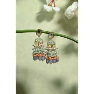 Kundan Jadau turquesa melocotón con cuentas Jhumki moda pendientes - Product Image 3