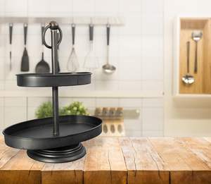 Handmade Antique Black 2-Tier Round Metal Serving <b>Tray</b> with Zinc Finish <b>Decorative</b> Kitchen <b>Tray</b> Stand - Product Image 1