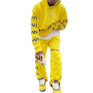 Chándales con estampado de soplo de algodón OEM para hombre, de talla grande Sudadera con capucha, pantalón de retazos, conjuntos para correr apilados - Product Image 3