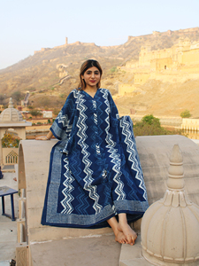 Caftan écologique 100% coton Élégant Indigo Waves Print Confortable Midi-Length Lounge Wear Hand Block Printed Stylish Caftan - Product Image 6