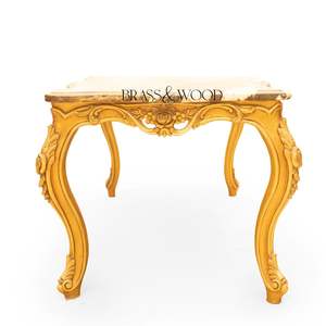 Mesa de Centro Rectangular de Lujo con Tapa de Mármol Veteado Marrón Miel y Marco de Hoja de Oro Tallado a Mano para Sala de Estar Clásica - Product Image 5