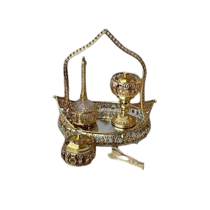Ensemble complet de brûleur à bakhoor et encens en laiton pour usage religieux traditionnel, avec plateau parfumé à la lavande et au thé et plateau à noix - Product Image 1