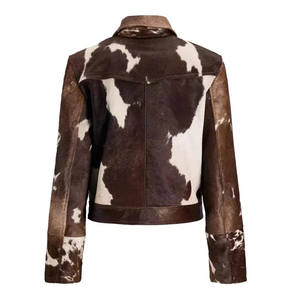 Cheveux d'impression de vache pour femmes sur la veste en cuir de peau Style occidental Zip complet sur le devant avec texture de fourrure naturelle - Product Image 2