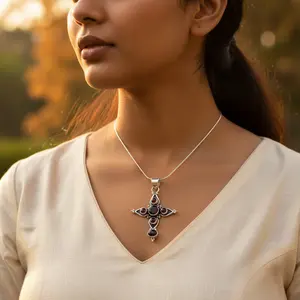 925 Sterling <b>Silver</b> <b>Cross</b> <b>Pendant</b> with Garnet Fine <b>Pendants</b> & Charms for Women - Product Image 1