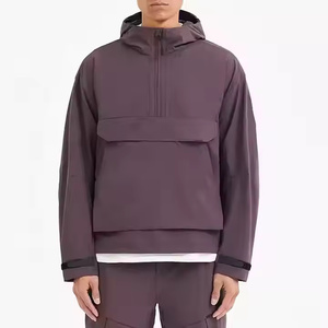 <b>Men's</b> Casual <b>Half</b> <b>Zip</b> Windbreaker <b>Jacket</b> Custom Logo Waterproof Pullover Big Front Pocket Lined Denim Fabric 3D Embroidered - Product Image 1