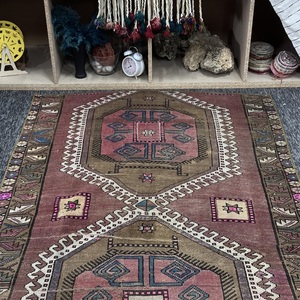 พรมคิลิมตุรกีขนาด 3.8x6.4 ฟุต สีน้ำตาลลายเรขาคณิต พรมขนสัตว์วินเทจ - Product Image 4