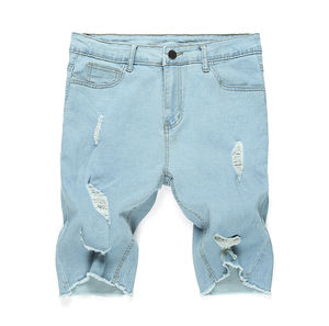Vente en gros Été High Street Hommes Baggy Shorts Logo Personnalisé Étiquette Premium Couleur Unie Denim Mi-Droite Tricoté Clair Foncé - Product Image 1