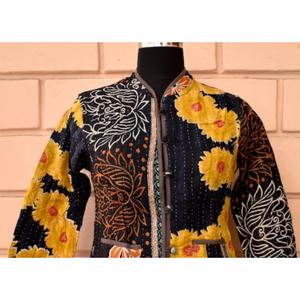 <b>Jacket</b> Vintage Cotton Kantha Indian Handmade Quilted Cotton <b>Jacket</b> Reversible Free Size - Product Image 2