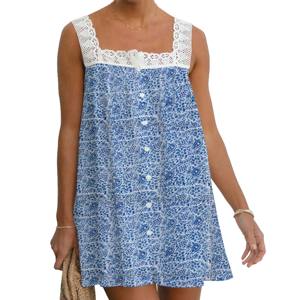 Robe d'été élégante en coton pour femmes, sans manches, robe de plage, ourlet large, imprimé vintage, col halter, imprimé à la main, robe décontractée - Product Image 1