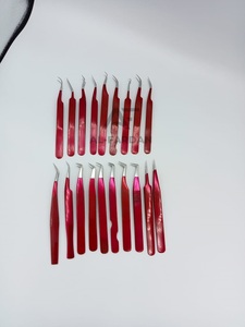 Ensemble de pinces à extensions de cils fabriquées en acier inoxydable japonais durable, revêtement rouge, pointe en fibre. - Product Image 2