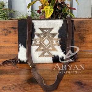 Handmade Hair on Genuine Suede Leather Fringe Concealed Carry Crossbody Purse for Women's Western Cowhide Laser Embossed Handbag - Product Image 1