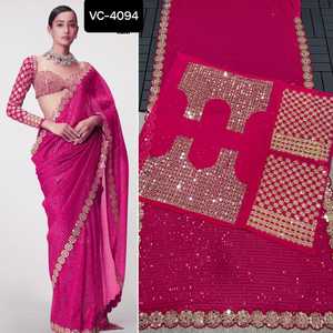 Fiesta india y ropa de Festival Faux Georgette Saree con trabajo de bordado de secuencia y Sari de trabajo de espejo Real para tela de mujer - Product Image 3