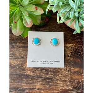 Navajo Kingman Turquoise & <b>Sterling</b> <b>Silver</b> <b>Stud</b> Earrings Bezel Set in Laid-Back Style - Product Image 1