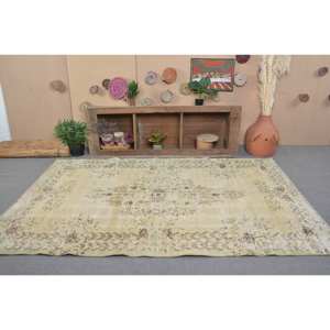 Vintage Turkish Rug Beige Brown 5.5 X 8.9 ft Wool Flat Weave with Patchwork Pattern for Living Room Decorations or Hallways - Product Image 3