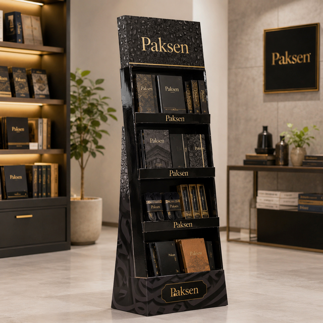 Custom Arabic Pattern Printed Cardboard 4-Tier Floor Display Stand for Religious Book Publication Stationery POP Rack
