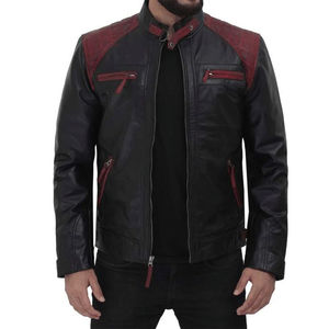 Black Maroon Men's <b>Jacket</b> Front Zip <b>Racer</b> Design with Quilted Pattern 100% Cotton Comb Genuine Leather Stylish Comfortable - Product Image 1
