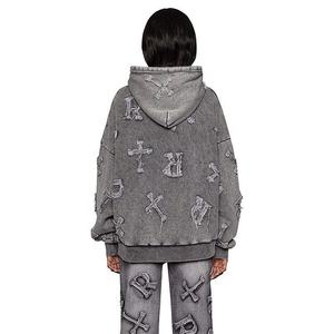 100% algodón Unisex Vintage Sun Faded Distress bordado pulóver Sudadera con capucha impreso Puff ropa Joggers entrenamiento gimnasio sudaderas con capucha - Product Image 6