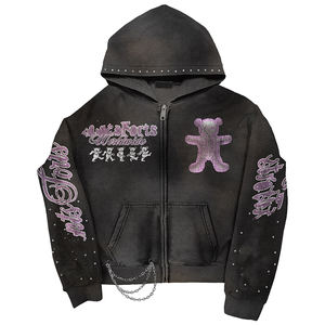 Custom Men's <b>Vintage</b> Washed Distressed <b>Zip</b>-<b>up</b> <b>Hoodie</b> for Men Custom Logo Acid Wash Oversized <b>Hoodie</b> - Product Image 1