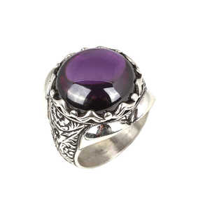 925 Sterling Silver Men's <b>Adjustable</b> <b>Ring</b> Handcrafted Engraving with Round Teardrop Amethyst Stone Bezel Setting Gift - Product Image 1