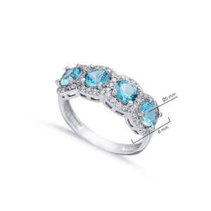 Aquamarine <b>CZ</b> Five Stone Rhodium Plated 925 Sterling Silver Wedding & Party Turkish Handmade Cluster <b>Ring</b> for Women - Product Image 2
