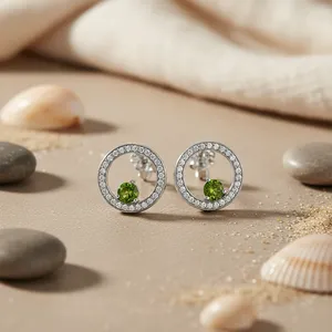 Boucles d'oreilles clous vintage en argent 925 pour femmes, pierre précieuse péridot vert, accents or blanc jaune rose, style boucles d'oreilles pendantes diamant - Product Image 2