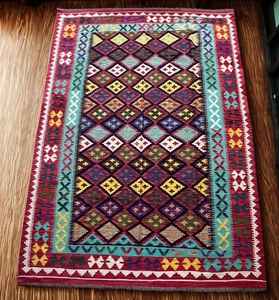 Tapis afghan Kilim tissé à la main Rouge foncé et turquoise Géométrique Diamant Tissage plat Laine Tapis de surface - Product Image 1