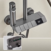 Ensemble de douche mural moderne en cuivre couleur bronze avec affichage LED, pommeau de douche carré pluie et massage, et douchette à main 4 fonctions