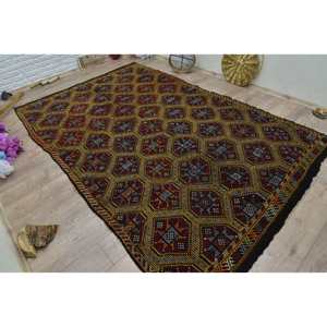 Alfombra turca vintage tradicional, diseño de retazos rojo y amarillo, área grande de 6,2x10,2 pies, respaldo de látex de lana para dormitorio, Alfombra de pasillo - Product Image 2