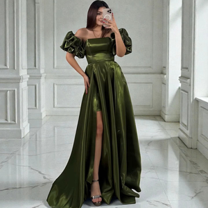 Vestido de Fiesta Largo Nora con Cintura Imperio, Sin Mangas, con Volantes y Parches, Antiarrugas, Color Verde Caqui, Disponible para Pedido de Muestra - Product Image 1