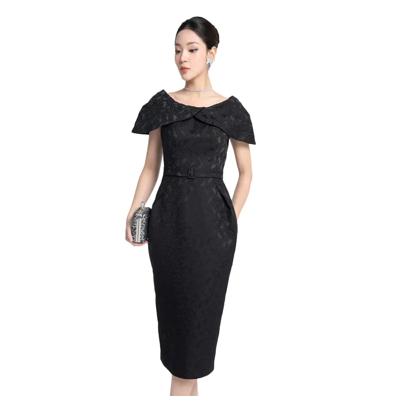 Черное платье с открытыми плечами вьетнамского производства с роскошным поясом для женщин-элегантный вечерний наряд