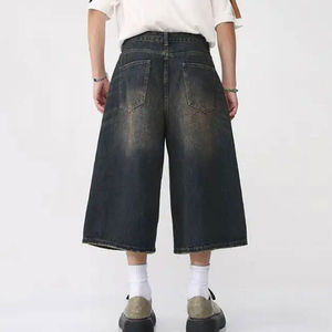 Lujosa ropa de calle de verano, pantalones cortos de mezclilla de algodón lavado oscuro desgastados holgados de corte recto, pantalones cortos Vintage para hombre - Product Image 5