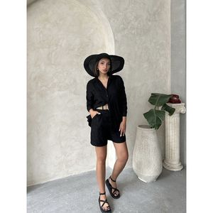 TOPSHOW Embroidered Linen Blend Shorts for Women - Black Cotton Polyester Casual Summer Wear - Product Image 4