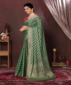 Sari de seda Banarasi negro con trabajo de bordado indio para mujer de fiesta nupcial - Product Image 1