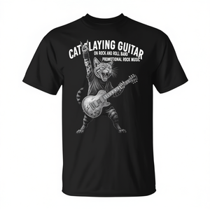 Maglietta promozionale con gatto che suona la chitarra in un gruppo rock and roll - Product Image 2