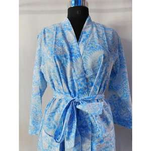 Bata de algodón suave con estampado de bloques al por mayor del fabricante, camisón largo, ropa de playa, ropa de dormir, cinturón Kimono, informal, de verano para mujer - Product Image 3