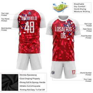 ชุดฟุตบอลผ้าโพลีเอสเตอร์พร้อมเสื้อและกางเกงขาสั้นชุด100% สีแดงและสีขาวดีไซน์ใหม่ - Product Image 3