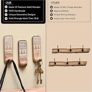 Boho Style Wooden Adhesive <b>Hooks</b> Decorative Sticky <b>Wall</b> <b>Hooks</b> With No Damage Drywall <b>Key</b> Holder and Clothing Hanging Storage - Product Image 5