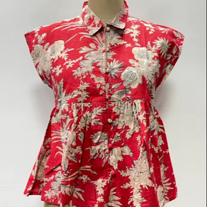 Débardeur d'été pour femme 100 % coton style japonais col en V imprimé floral écologique boutonné devant 220g coupe courte - Product Image 1