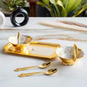 IndianArtVilla Juego de 2 cuencos con cucharas y bandeja, diseño en relieve Chapado en plata, 5 piezas, dorado para uso doméstico en hoteles y restaurantes - Product Image 5