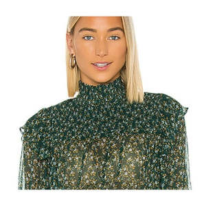 Top Peplum in Chiffon e Seta Verde per Donna Free People, Formale con Stampa Floreale, Maniche Lunghe, Colletto alla Coreana, Taglia XL - Product Image 2
