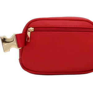 Lightweight Soft PU Pebbled Leather Sling Fanny Pack Belt <b>Bag</b> with Gold Metal <b>Buckle</b> (Red) for Travel Hiking Running - Product Image 5