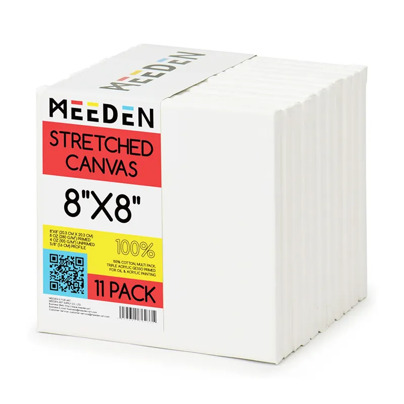 MEEDEN 11-Pack 8x8 Inch 8oz Gesso-Primed 100% Cotton Artist Painting Stretched Canvas Blank White Canvases