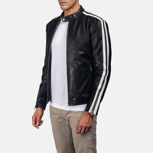 VIENNA INDUSTRY <b>Men's</b> Black Genuine Leather Biker <b>Jacket</b> <b>White</b> Stripe Sleeves Stand Collar Zipper Closure Slim Fit Winter - Product Image 5
