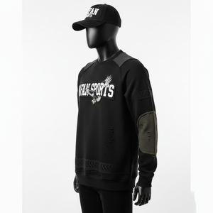 Sweat-shirt pour homme en molleton de coton haute densité 320 GSM, noir olive, panneau de manche renforcé, logo appliqué, sweat-shirts basiques - Product Image 5