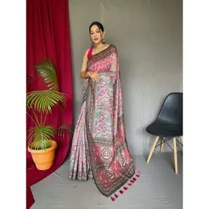 优雅的外观设计师婚礼服装纯玛莱棉纱丽衬衫，印花和印度卡拉卡里工作制造商