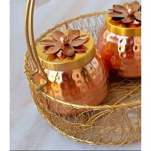 Plateau en métal à motif floral avec 4 pots à fruits secs en fer - Product Image 2