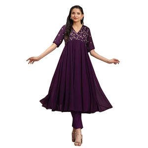 Ensemble Kurta Anarkali et pantalon en Georgette brodé pour femme Trendmalls (E55-Violet) - Coupe ample infroissable pour fêtes et mariages - Product Image 1
