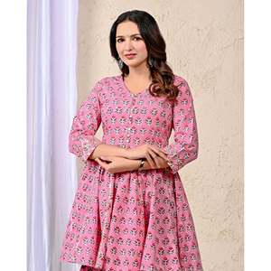 Conjunto de Vestido Sharara de Algodón Popelín Amarillo con Estampado Floral para Mujer, Top y Pantalón - Product Image 1