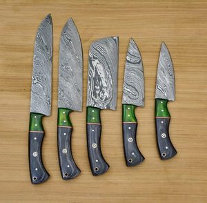 Ensemble de 5 couteaux de cuisine damas faits à la main avec housse en cuir Ensemble de couteaux de cuisine damas - Product Image 1